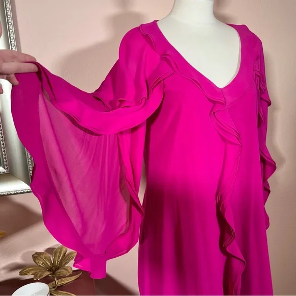 NEW Belle Badgley Mischka Magenta Long Sleeve Ruffle front Mini cocktail Dress - Picture 1 of 17